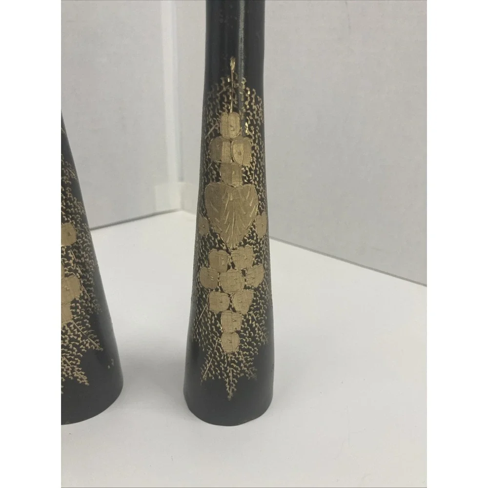 Set of 2 Vtg Solid Brass Black Gold Hand Etched Flower Design Vases 9.5 inch‎